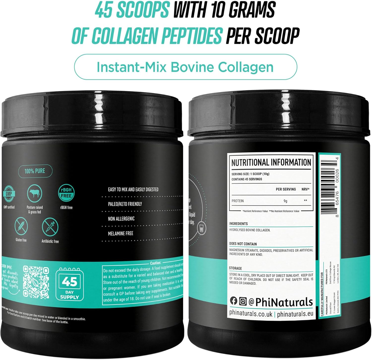 PhiNaturals Hydrolyzed Collagen Peptides Powder — Unflavored | Grass-Fed | Types 1 & 3