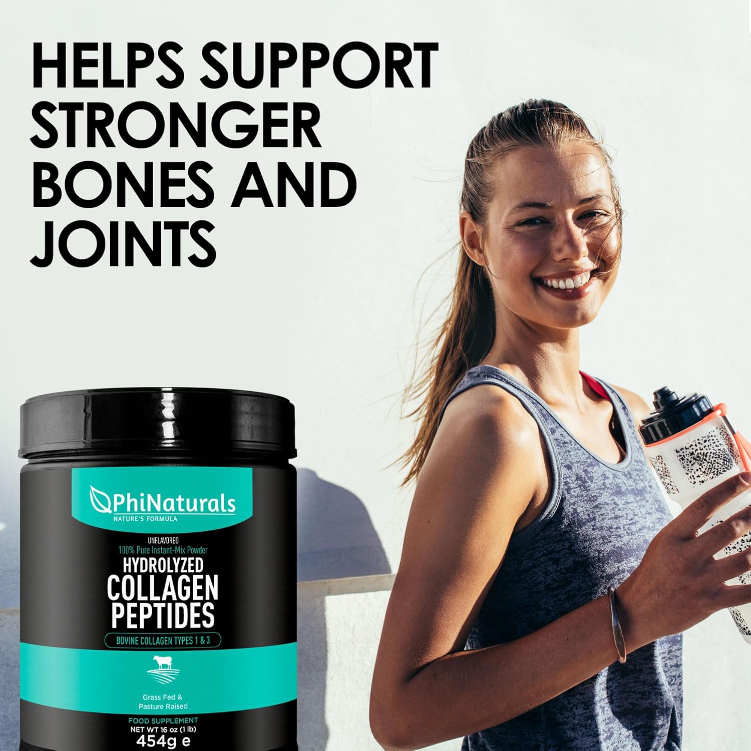 PhiNaturals Hydrolyzed Collagen Peptides Powder — Unflavored | Grass-Fed | Types 1 & 3