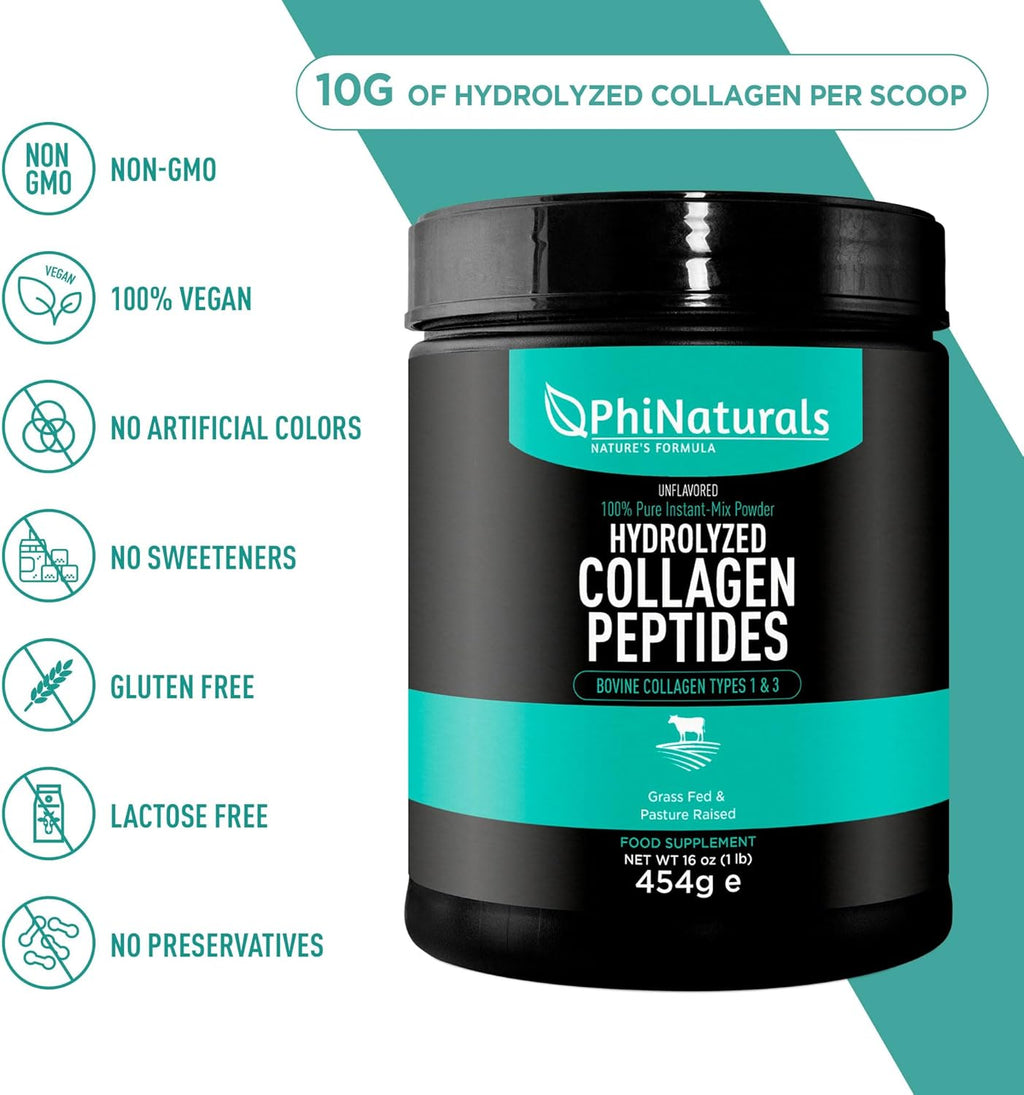 PhiNaturals Hydrolyzed Collagen Peptides Powder — Unflavored | Grass-Fed | Types 1 & 3