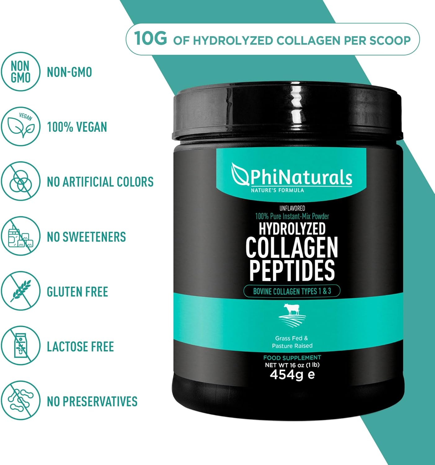 PhiNaturals Hydrolyzed Collagen Peptides Powder — Unflavored | Grass-Fed | Types 1 & 3