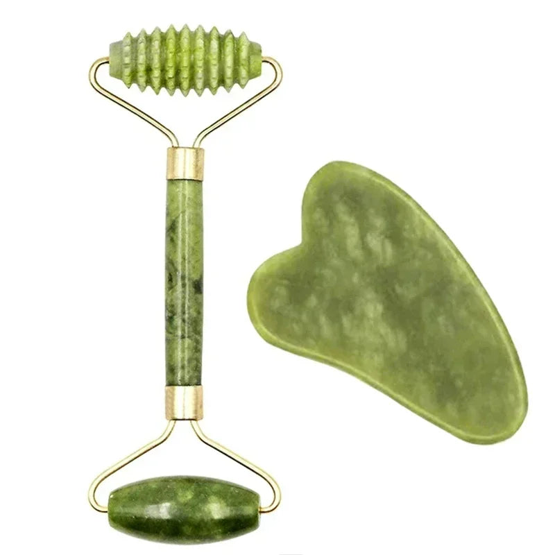 Jade Face Roller & Gua Sha Set — Natural Stone Facial Massage & Skin Lifting Tool