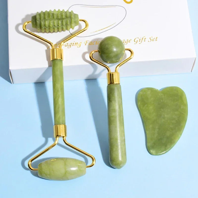 Jade Face Roller & Gua Sha Set — Natural Stone Facial Massage & Skin Lifting Tool
