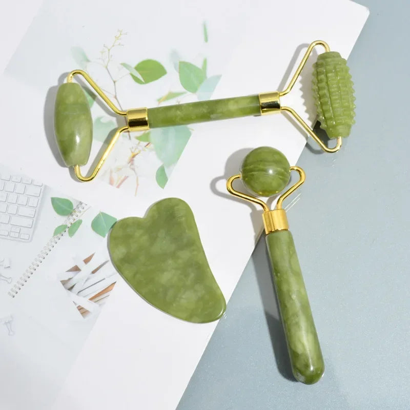 Jade Face Roller & Gua Sha Set — Natural Stone Facial Massage & Skin Lifting Tool