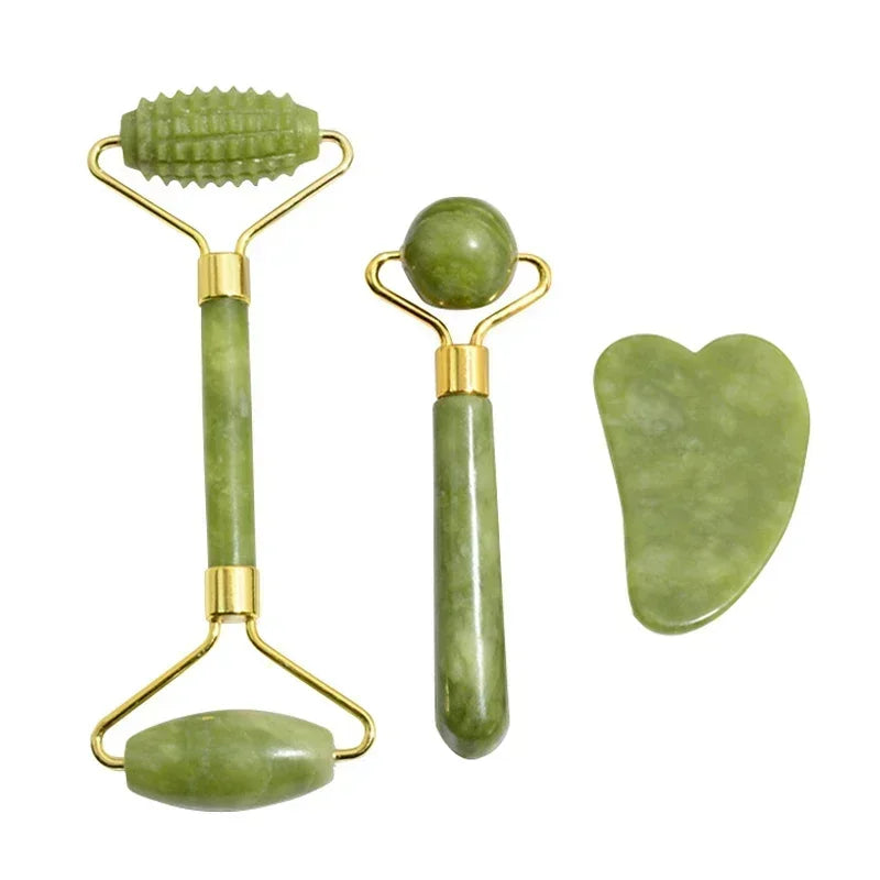 Jade Face Roller & Gua Sha Set — Natural Stone Facial Massage & Skin Lifting Tool