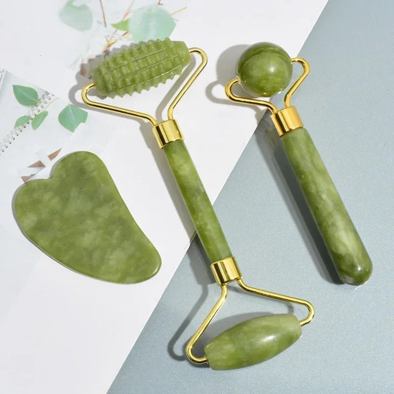 Jade Face Roller & Gua Sha Set — Natural Stone Facial Massage & Skin Lifting Tool