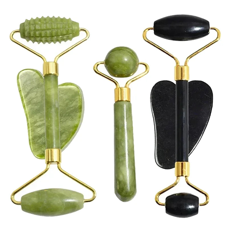 Jade Face Roller & Gua Sha Set — Natural Stone Facial Massage & Skin Lifting Tool