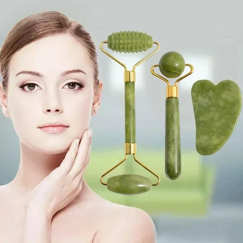 Jade Face Roller & Gua Sha Set — Natural Stone Facial Massage & Skin Lifting Tool