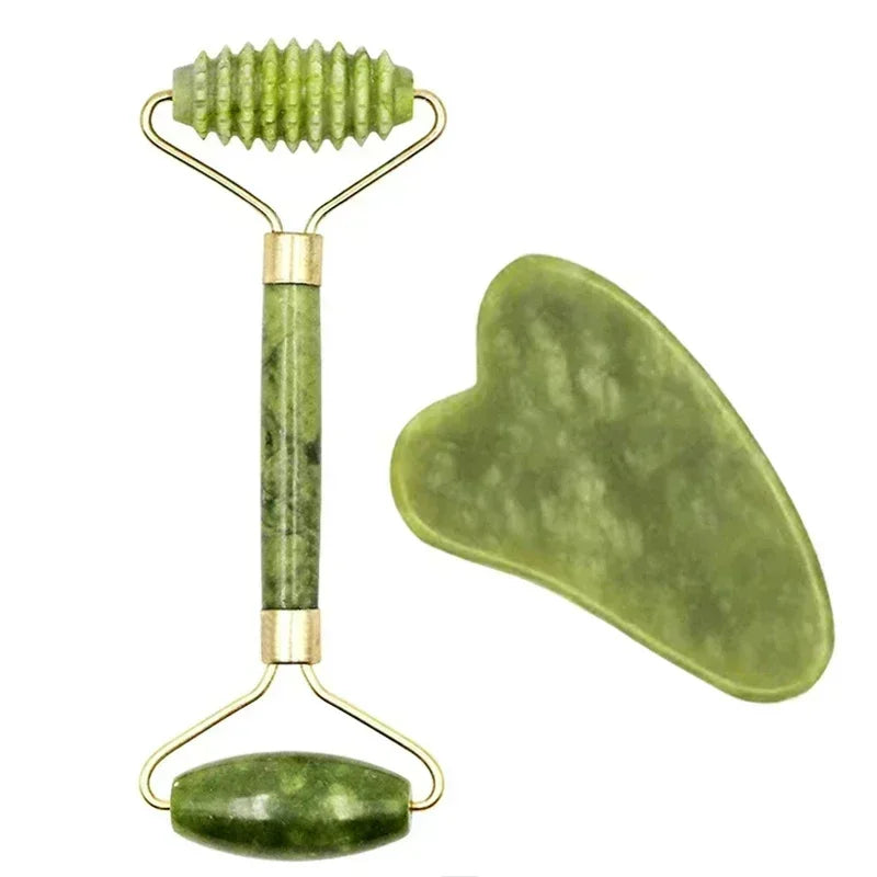 Jade Face Roller & Gua Sha Set — Natural Stone Facial Massage & Skin Lifting Tool