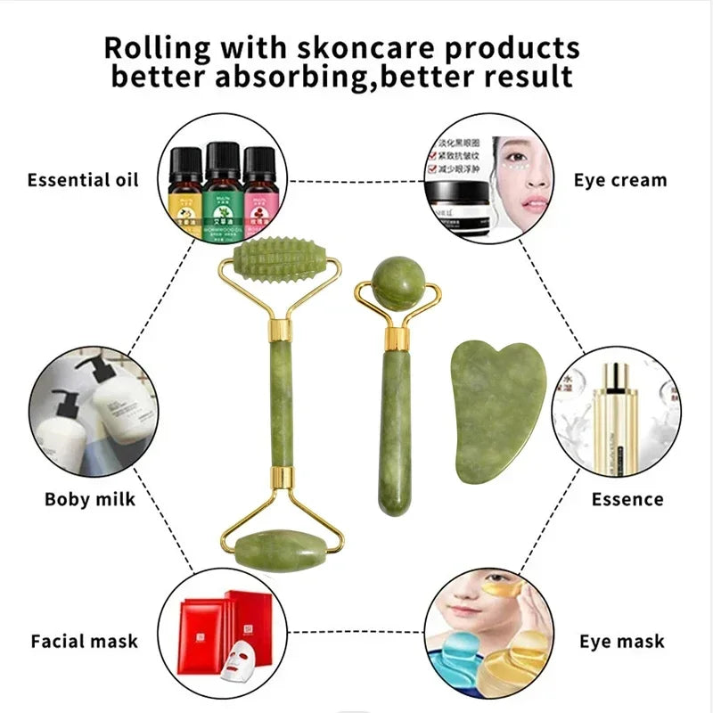Jade Face Roller & Gua Sha Set — Natural Stone Facial Massage & Skin Lifting Tool